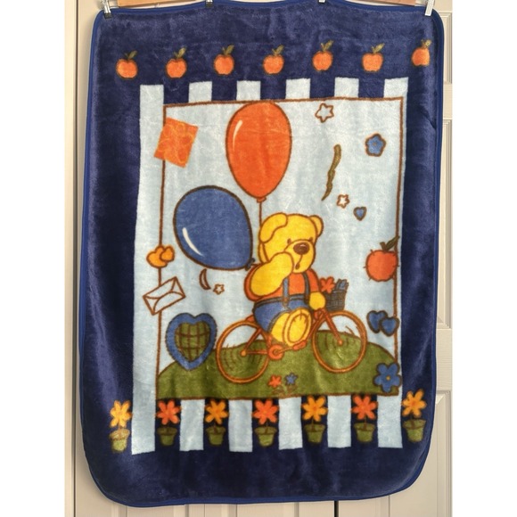 The Unbranded Brand Other - Vintage Baby Blanket‎ Mink Plush Deep Blue Teddy Bear Riding Bicycle 52"x40"